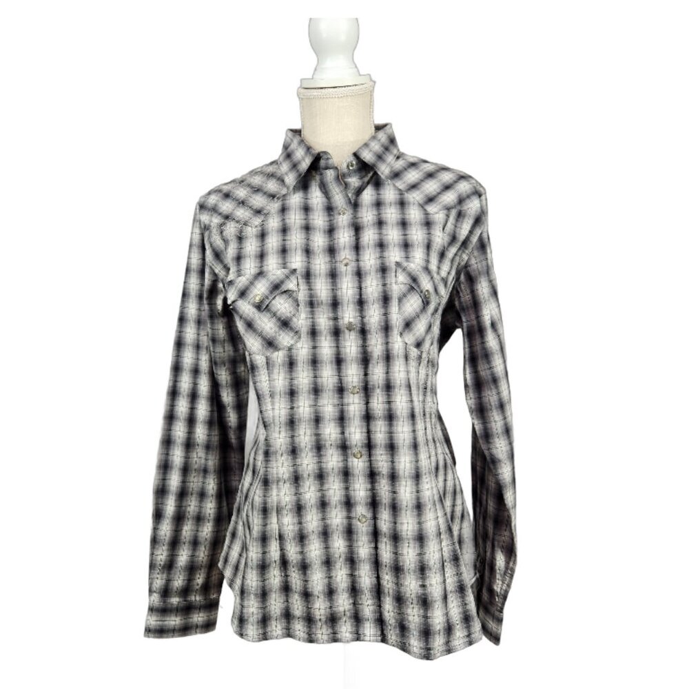 Panhandle Rough Stock Pearl Snap Western Shirt Women L Black White Plaid